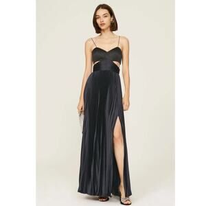 AMUR Black Satin Pleated Bustier Rib Cut-Outs Elodie  A-Line Gown Size 4